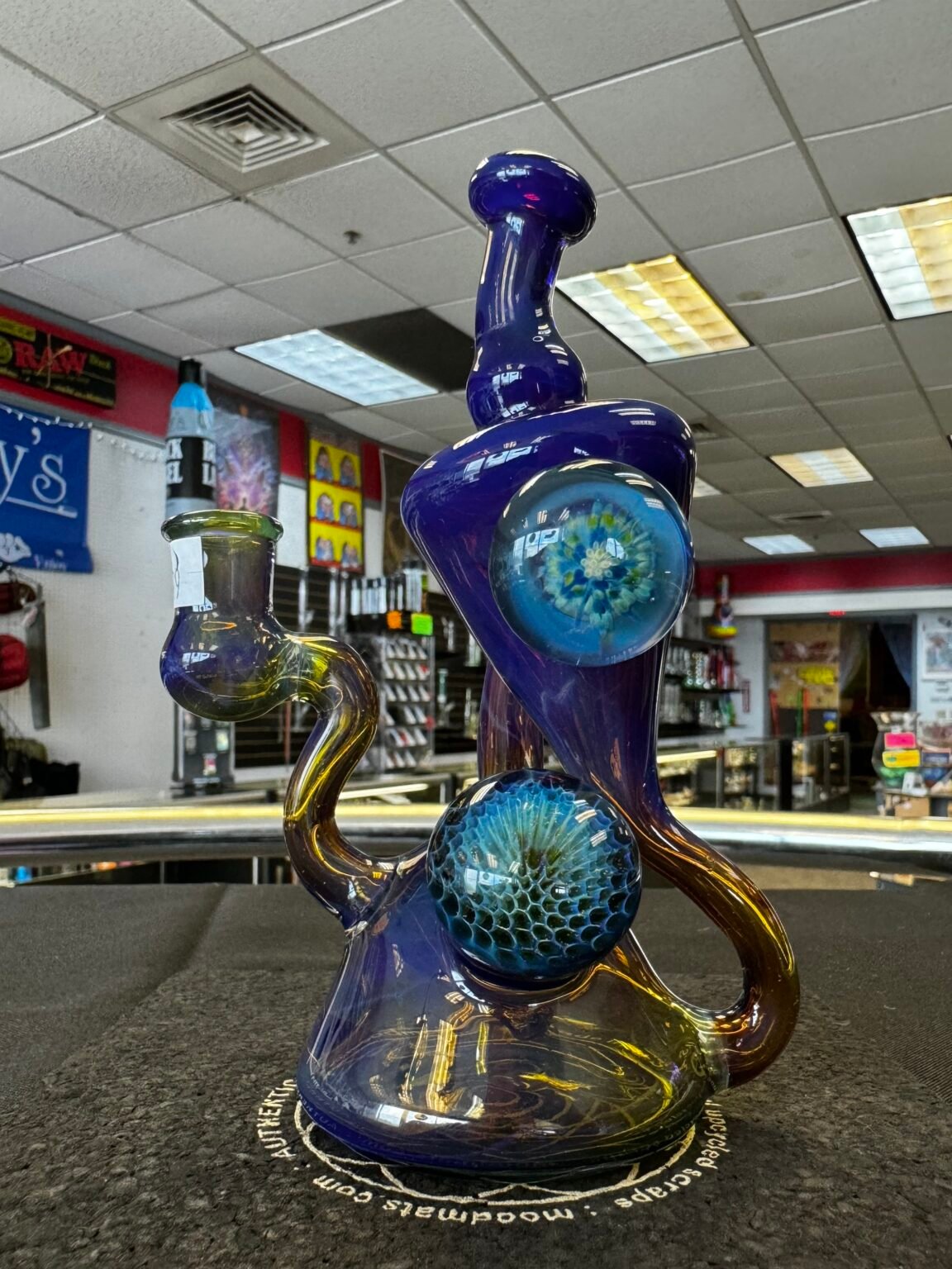 Beak Glass Amber Recycler w/ Multiple Implosion Marbles -Portland, ME